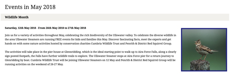 Wildlife Activities at the Ullswater Steamers May 2018