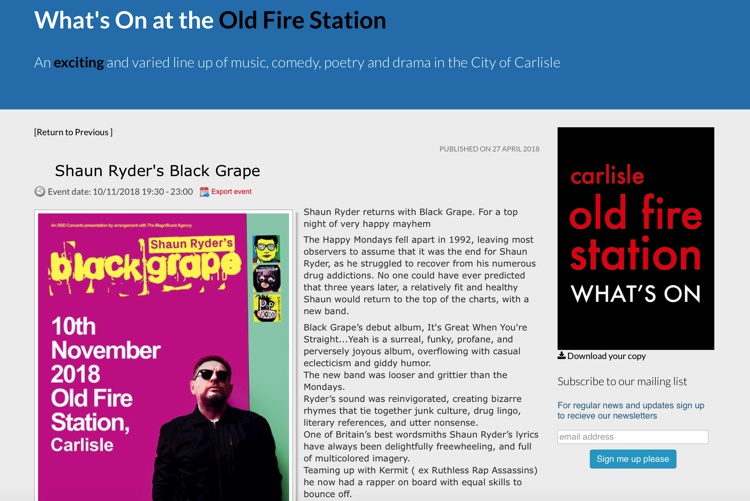 November 2018 Shaun Ryder’s Black Grape, The Old Fire Station, Carlisle